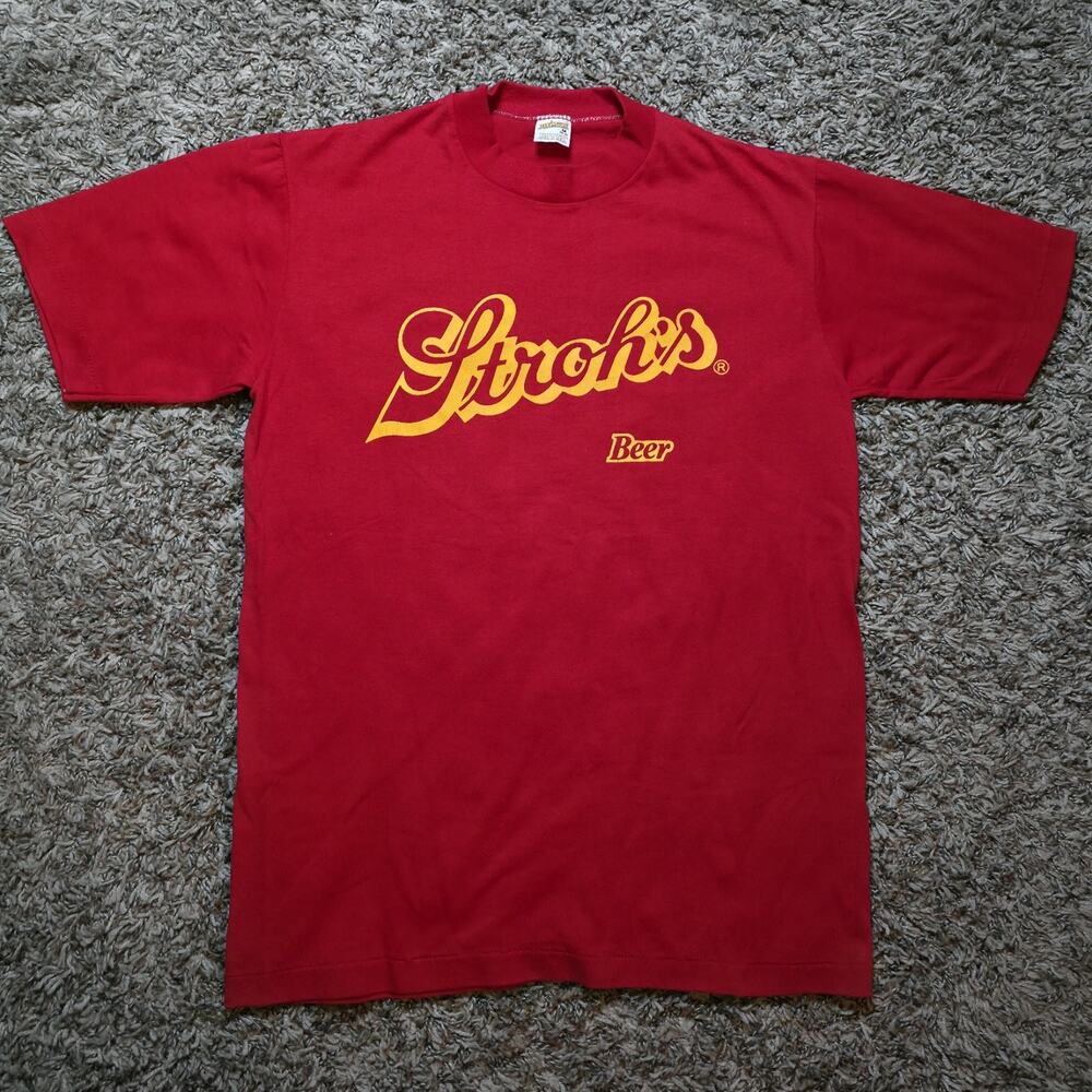Vintage Stroh's Beer Shirt Men's Medium Red 50/50 MADE in USA Single Stitch Tee